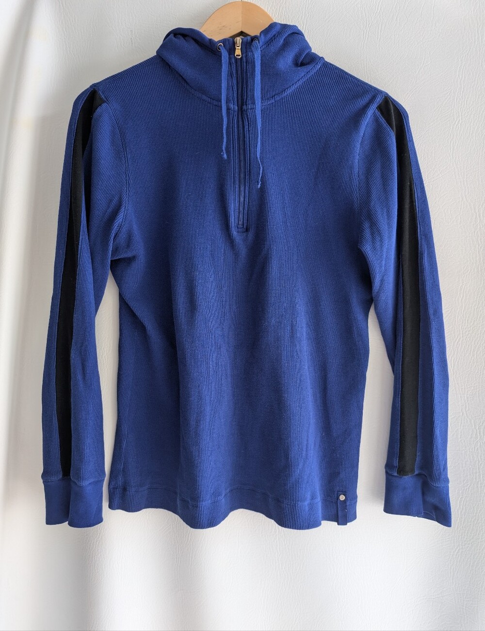 Ralph Lauren Active Blue Quarter-Zip Hooded Pullover Top Black Sleeve Stripes L
